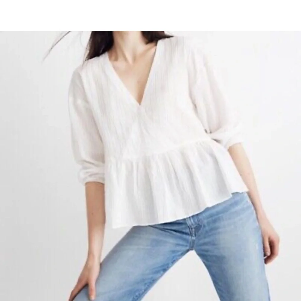 Madewell White Pink Metallic Striped Peplum Top Medium - Picture 2 of 10